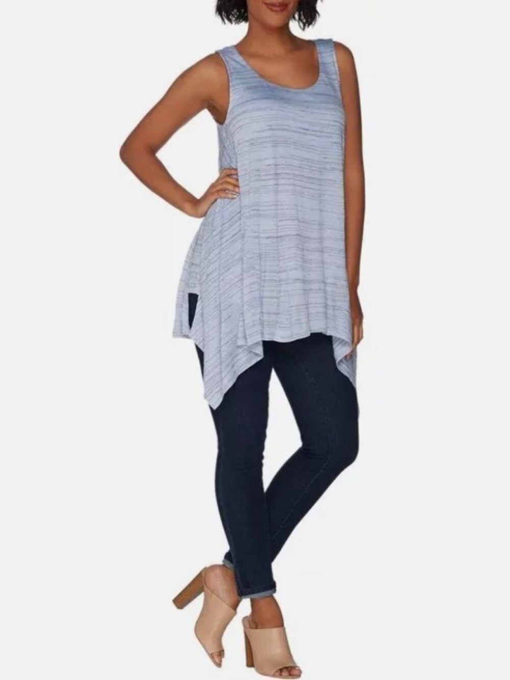 H by Halston Small Striped Scoop-Neck Handkerchief Hem Top